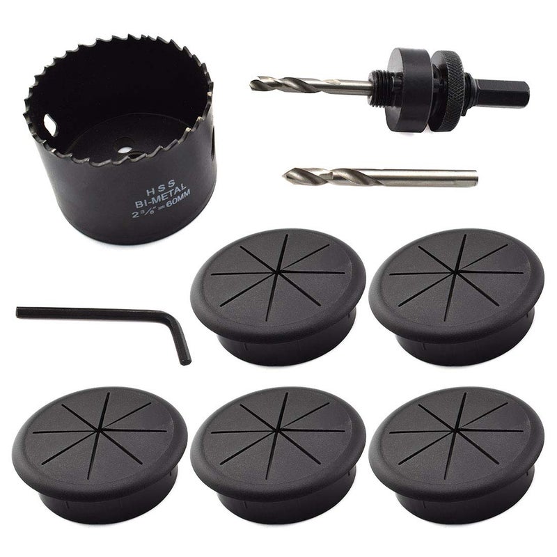 OZXNO 2-3/8 Inch Desk Grommet and Hole Saw Kit, OZXNO 5-Pack 60mm Flexible Desk Wire Cord Hole Cover with Matching Holesaw Drill Bits for Cable Organizer Wiring Management and Protection - Image 1